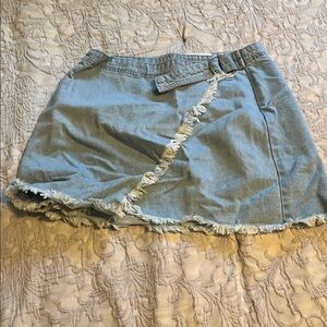 Tobi Light Blue Frayed Wrap Mini Skirt